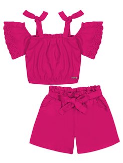 Conjunto Blusa Com Lasie E Shorts Em Sarja Pink Catavento