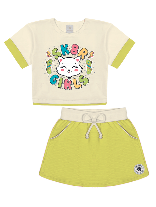 Conjunto Blusa E Short-Saia Natural E Verde Abrange