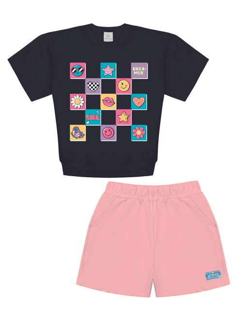 Conjunto Blusa E Short Preto E Rosa Neon Abrange