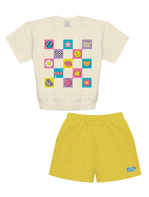 Conjunto Blusa E Short Natural E Amarelo Abrange