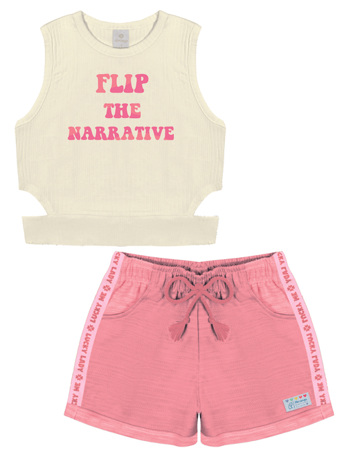 Conjunto Blusa E Short Com Recorte Natural E Rosa Abrange