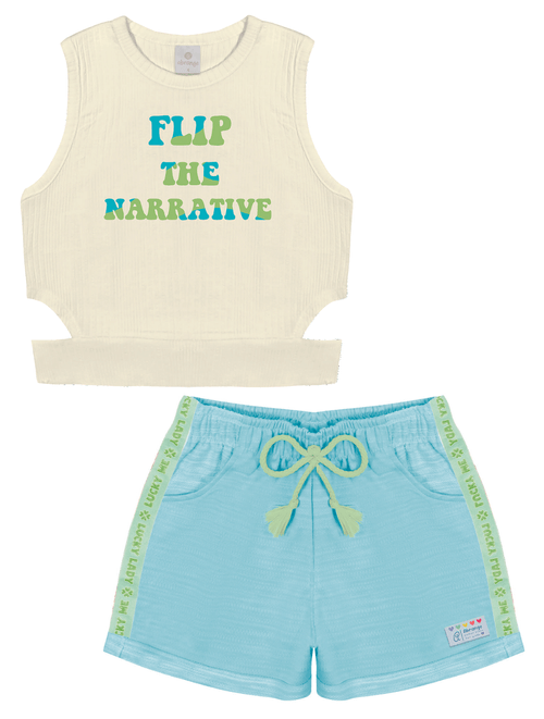 Conjunto Blusa E Short Com Recorte Natural E Azul Abrange