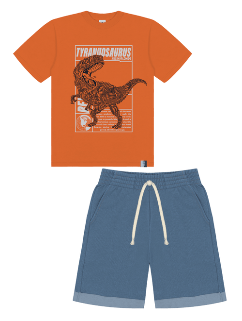 Conjunto Camiseta E Bermuda Dino Laranja E Azul Jeans Médio Abrange