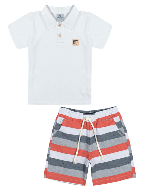 Conjunto Camisa Polo E Bermuda Listrada Branco E Mescla Abrange