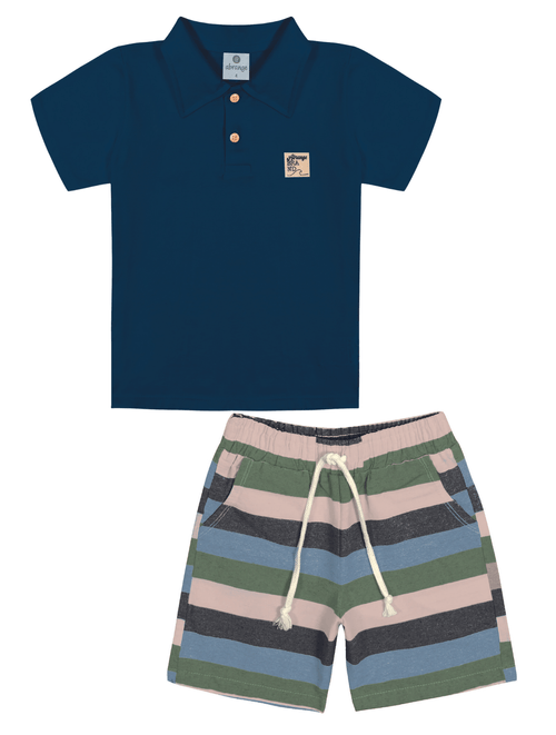 Conjunto Camisa Polo E Bermuda Listrada Azul Marinho Abrange