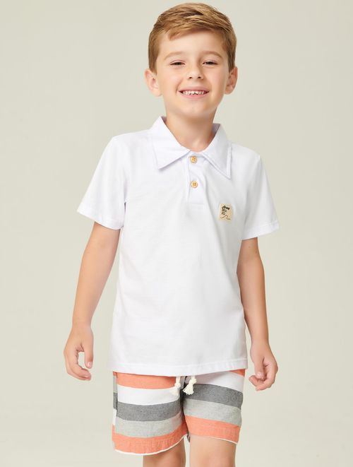 Conjunto Camisa Polo E Bermuda Listrada Branco E Mescla Abrange