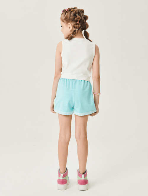 Conjunto Blusa E Short Com Recorte Natural E Azul Abrange