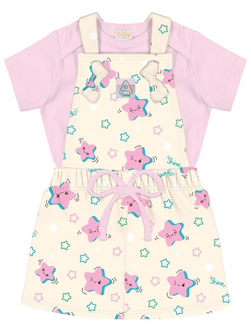Conjunto Body E Salopete Estrelas Natural E Rosa Abrange