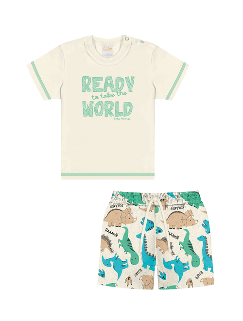 Conjunto Camiseta E Bermuda Dino Natural E Bege Abrange