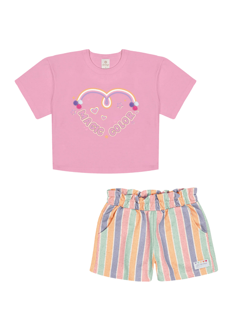 Conjunto Blusa Cropped E Short Listrado Rosa Abrange