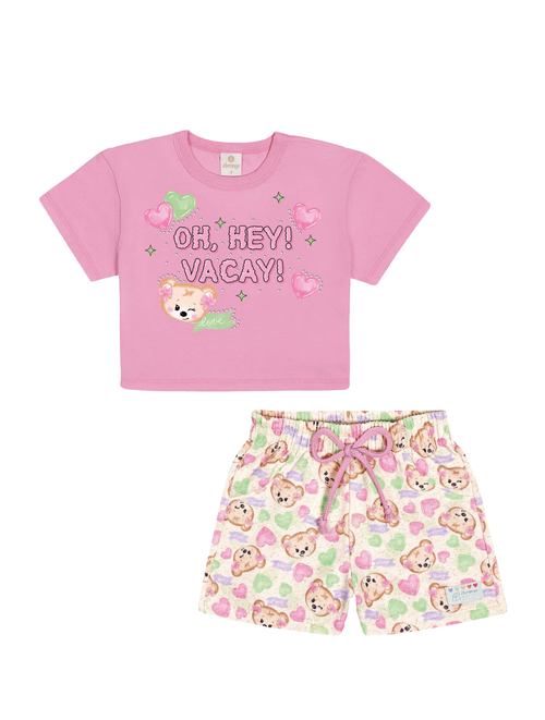 Conjunto Blusa Cropped E Short Ursinho Rosa E Verde Abrange