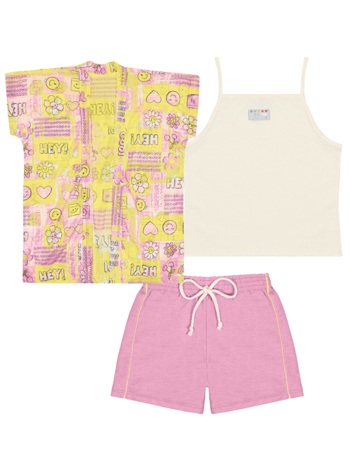 Conjunto Blusa Cropped, Kimono Em Tela E Short Natural E Rosa Abrange