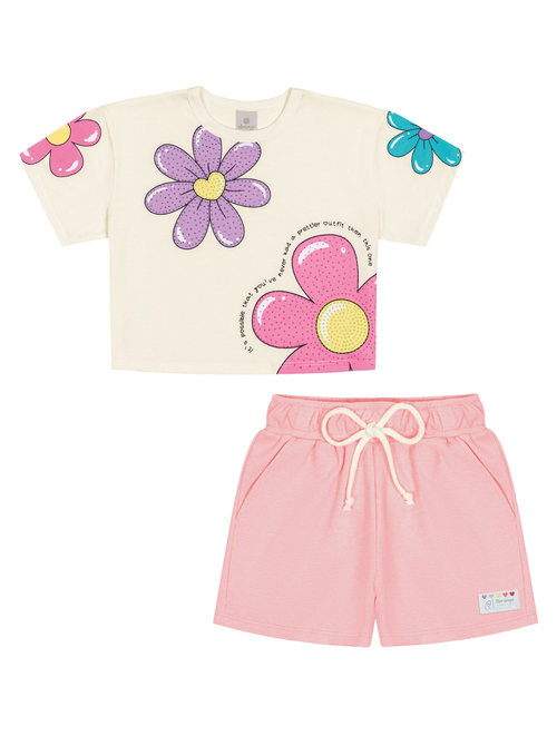 Conjunto Blusa Cropped Floral E Short Natural E Rosa Neon Abrange