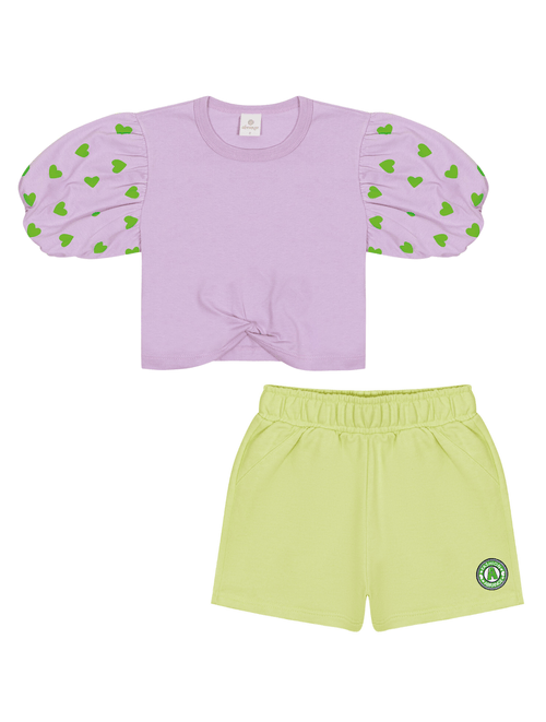 Conjunto Blusa Cropped Manga Bufante E Short Lilás E Verde Abrange