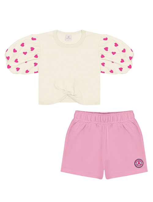 Conjunto Blusa Cropped Manga Bufante E Short Natural E Rosa Abrange