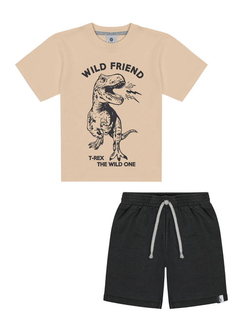 Conjunto Camiseta T-Rex E Bermuda Bege E Cinza Abrange