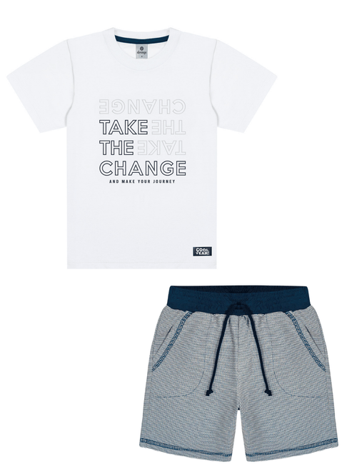 Conjunto Camiseta E Bermuda Listrada Branco E Azul Marinho Abrange