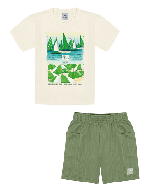 Conjunto Praia Camiseta E Bermuda Natural E Verde Abrange