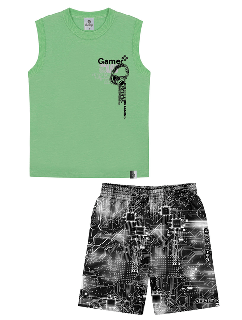 Conjunto Regata Game E Bermuda Verde E Cinza Abrange