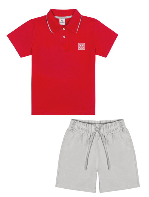 Conjunto Camisa Polo E Bermuda Vermelho E Cinza Abrange