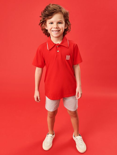 Conjunto Camisa Polo E Bermuda Vermelho E Cinza Abrange
