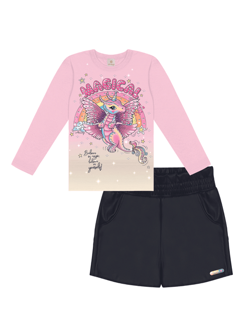 Conjunto Blusa E Short Couro Sintético Rosa E Preto Abrange