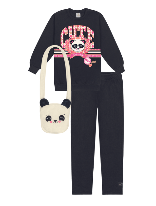Conjunto Blusão E Legging Com Bolsa De Panda Preto Abrange