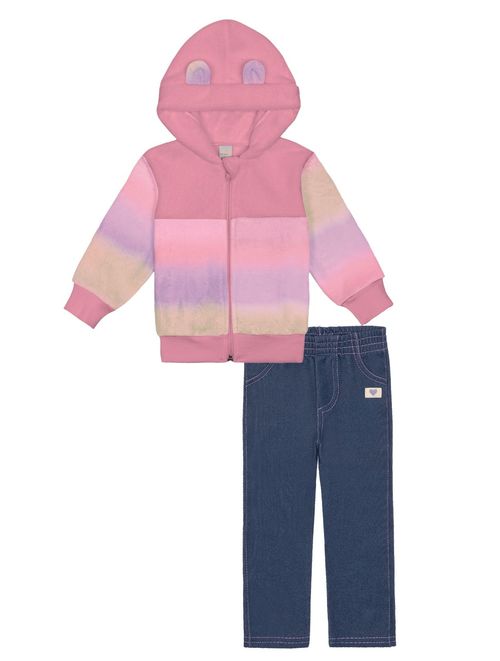 Conjunto Jaqueta Em Pelo E Calça Rosa E Azul Jeans Escuro Abrange
