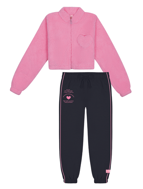 Conjunto Jaqueta Em Pelo E Calça Jogger Rosa E Preto Abrange