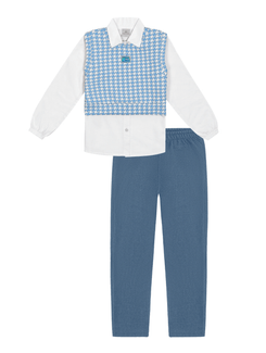 Conjunto Camisa  Calça E Colete Branco  Azul E Azul Jeans Médio Abrange