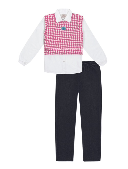 Conjunto Camisa  Calça E Colete Branco  Preto Jeans E Rosa Abrange