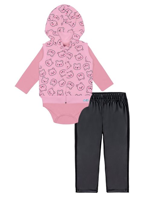 Conjunto Body  Legging E Colete Em Pelo Rosa E Preto Abrange