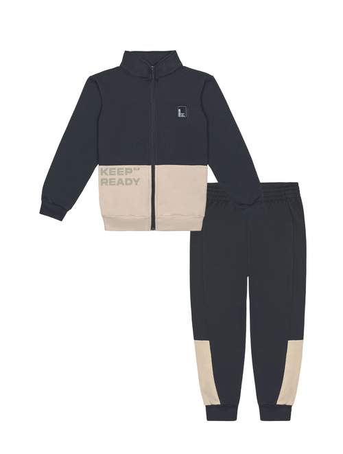 Conjunto Jaqueta E Calça Color Block Chumbo E Bege Abrange