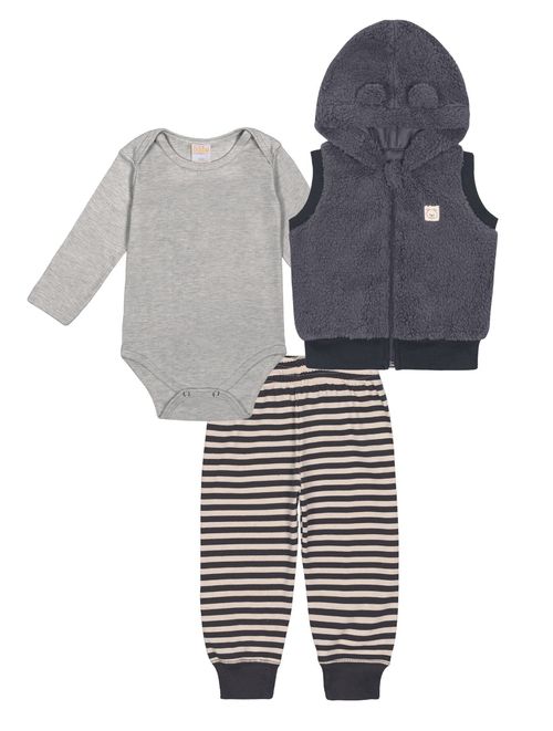Conjunto Body, Colete em Pelo e Calça Listrada | Abrange
