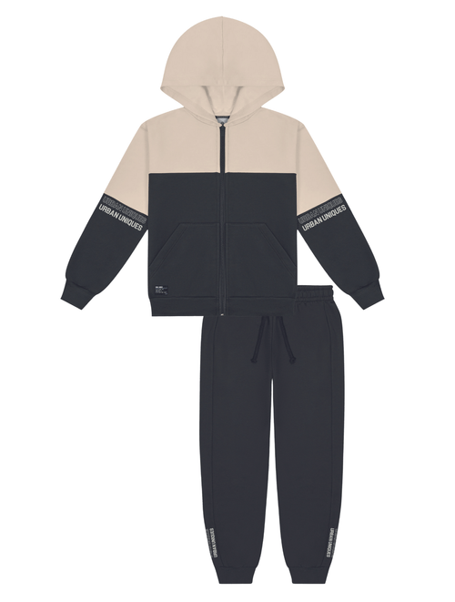 Conjunto Jaqueta Color Block E Calça Chumbo E Bege Abrange