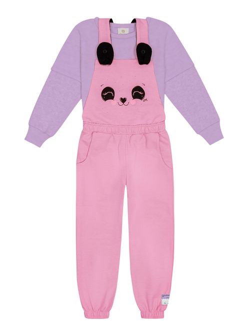 Conjunto Blusa E Jardineira Panda Lilás E Rosa Abrange