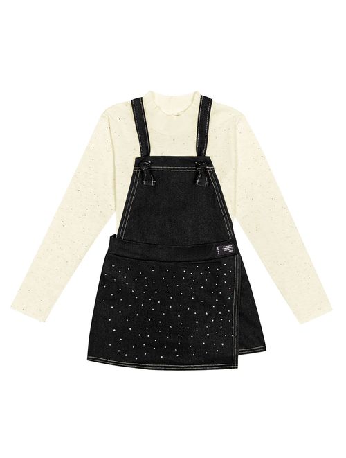 Conjunto Blusa E Salopete Com Strass Natural E Preto Jeans Abrange