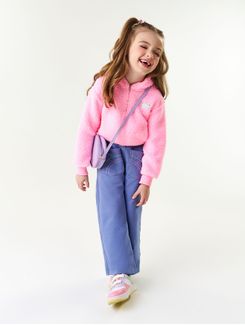 Conjunto Blusão Em Pelo E Calça Wide Leg Rosa E Azul Jeans Médio Abrange