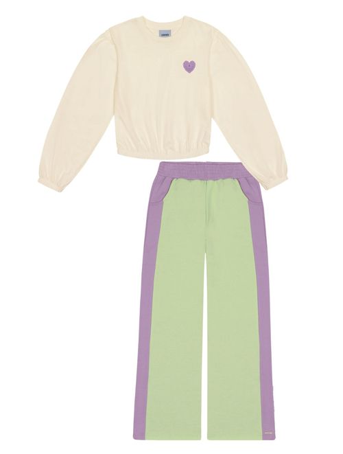 Conjunto Blusa e Calça Wide Leg Color Block Verde e Lilás | Catavento