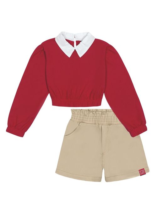 Conjunto Blusa Com Gola E Short Vermelho E Bege Catavento