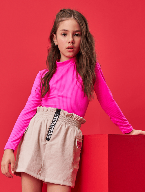 Conjunto Blusa E Saia Em Sarja Rosa E Bege Catavento