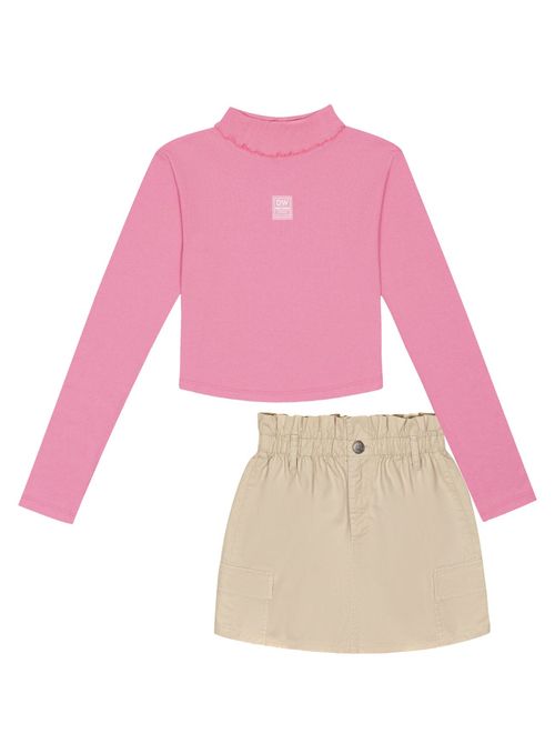 Conjunto Blusa Cropped E Saia Clochard Rosa E Bege Dway