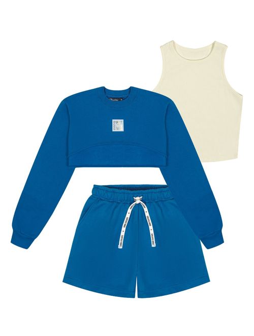 Conjunto Blusa Super Cropped, Regata E Short Azul E Natural Dway