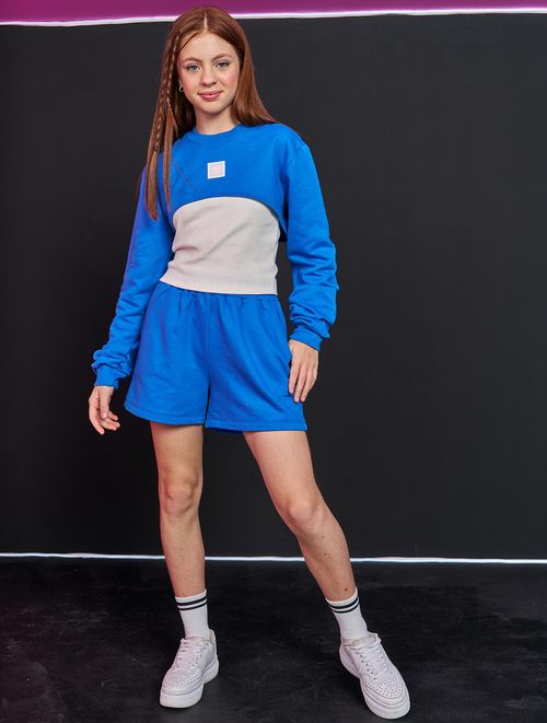 Conjunto Blusa Super Cropped, Regata E Short Azul E Natural Dway