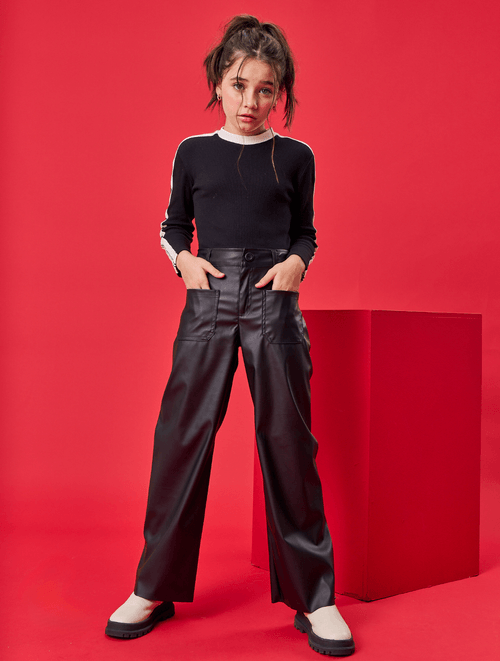 Calça Wide Leg Couro Sintético Preto Catavento
