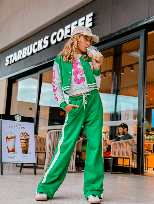 Calça Wide Leg Verde E Natural Dway