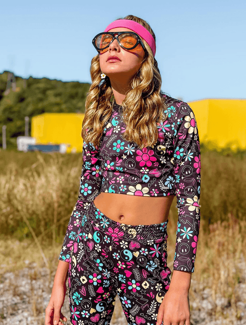 Conjunto Blusa Boxy E Calça Boot Cut Total Print Preto Dway