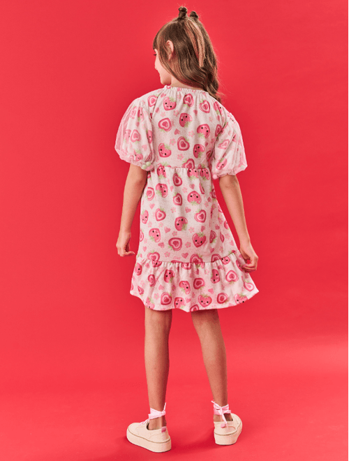 Vestido Infantil Menina Strawberry Com Pompom Off White E Verde Cinti