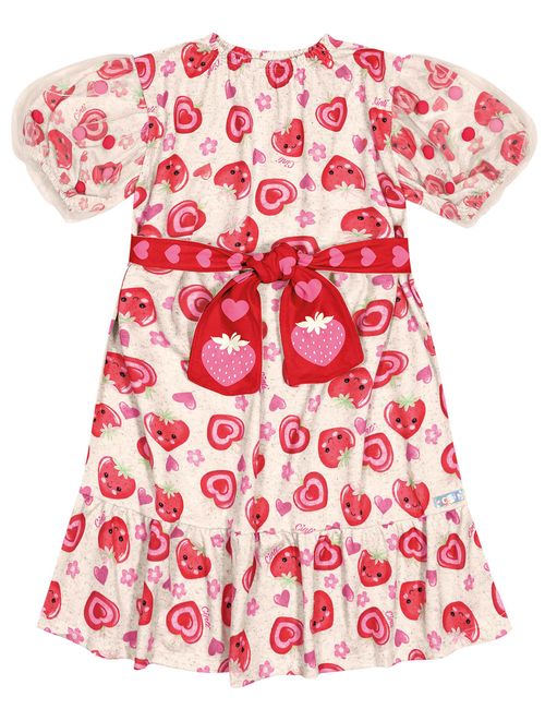 Vestido Infantil Menina Strawberry Com Pompom Off White E Vermelho Cinti