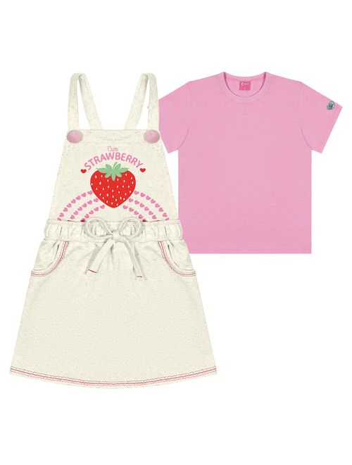 Conjunto Infantil Menina Blusa E Salopete Strawberry Rosa E Off White Cinti